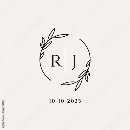 Letter RJ wedding monogram logo design with simple natural circle leaf frame