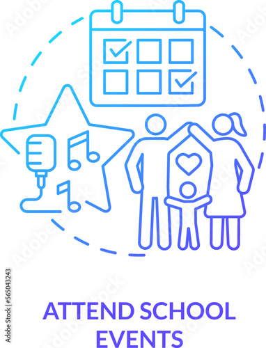 Attend school events blue gradient concept icon. Schedule visiting. Promoting self esteem in teens abstract idea thin line illustration. Isolated outline drawing. Myriad Pro-Bold font used