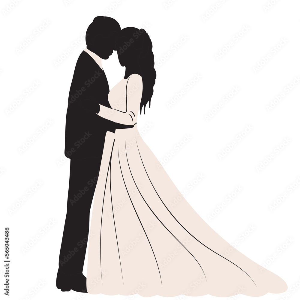 bride and groom in white dress silhouette,design isolated