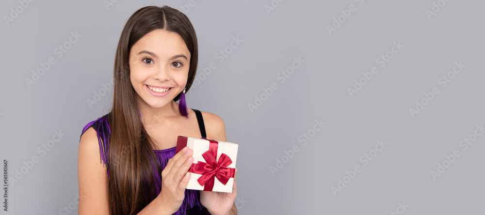 Happy birthday girl got present box wrapped with red ribbon bow grey background, anniversary. Teenager girl with birthday gift, horizontal poster. Banner header with copy space. Happy birthday girl got present box wrapped with red ribbon bow grey background, anniversary. Teenager girl with birthday gift, horizontal poster. Banner header with copy space.