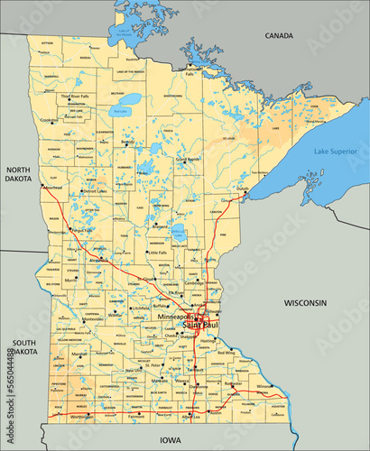 High detailed Minnesota physical map with labeling.