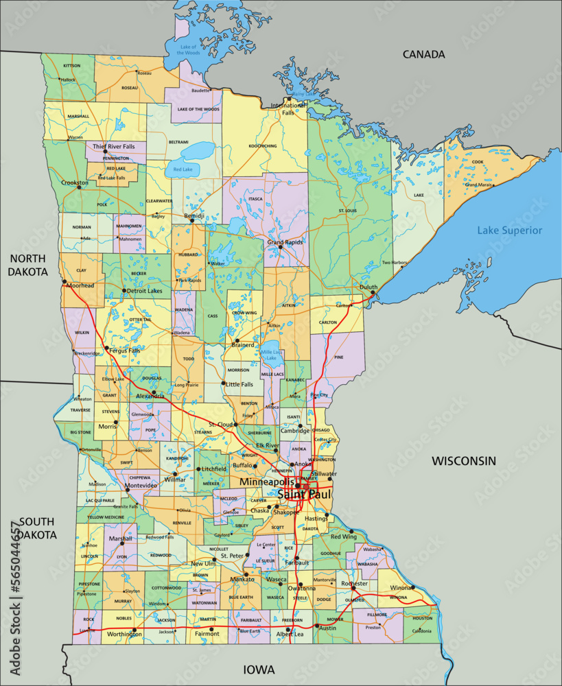 Minnesota - Highly detailed editable political map with labeling. Stock ...