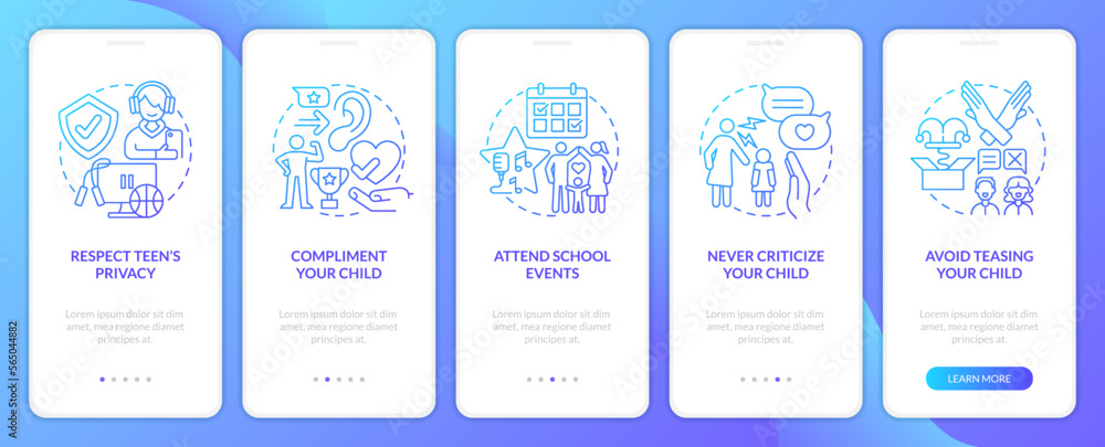 Promoting self esteem in teens blue gradient onboarding mobile app screen. Walkthrough 5 steps graphic instructions with linear concepts. UI, UX, GUI template. Myriad Pro-Bold, Regular fonts used