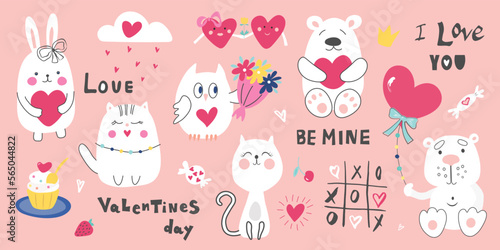 Fototapeta Naklejka Na Ścianę i Meble -  Cute valentines day stickers for planner, love letter or diary. Cartoon decoration, hand drawn design elements. Vector set of romantic stickers.