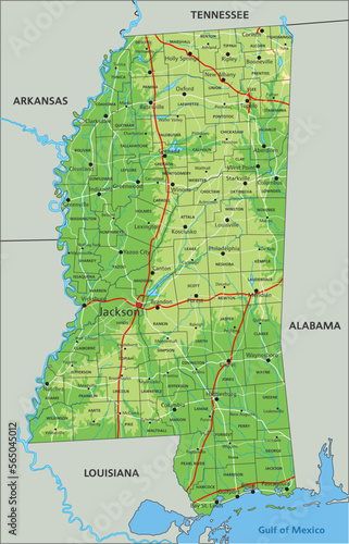 High detailed Mississippi physical map with labeling.