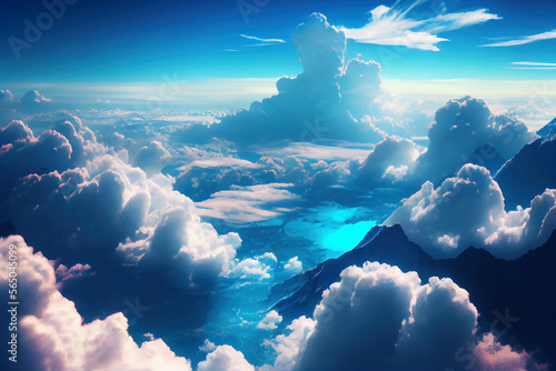 Majestic huge clouds in blue sky. Digitally generated AI image