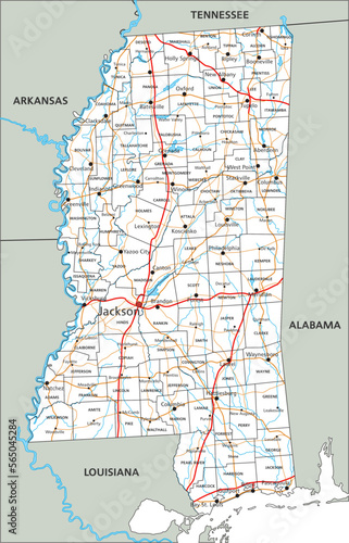 High detailed Mississippi road map with labeling.