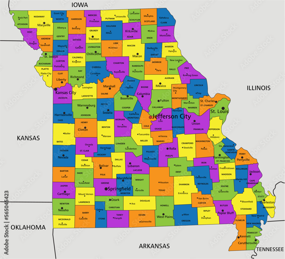 Vso Map Vetor de Colorful Missouri political map with clearly labeled ...