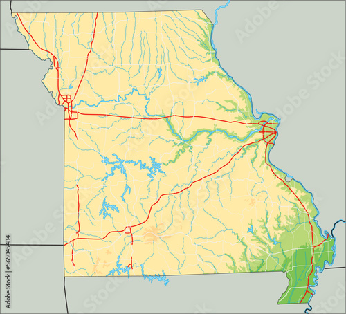 High detailed Missouri physical map.