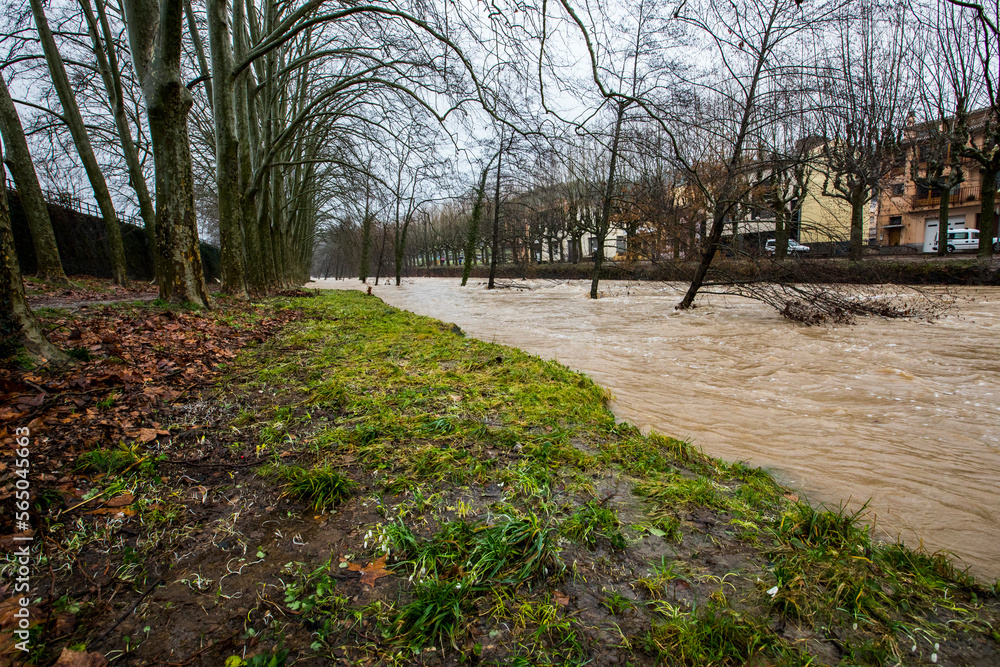 Floods in Olot town, La Garrotxa, Girona, Spain. January 2020