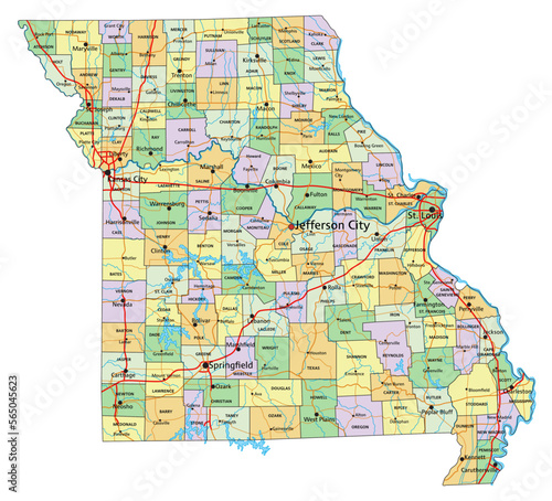 Missouri - Highly detailed editable political map with labeling.