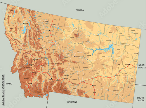 Highly detailed Montana physical map with labeling. photo