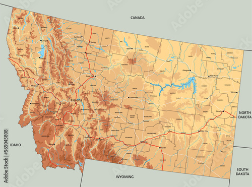 Highly detailed Montana physical map with labeling.