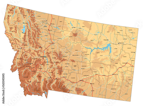 Highly detailed Montana physical map with labeling.