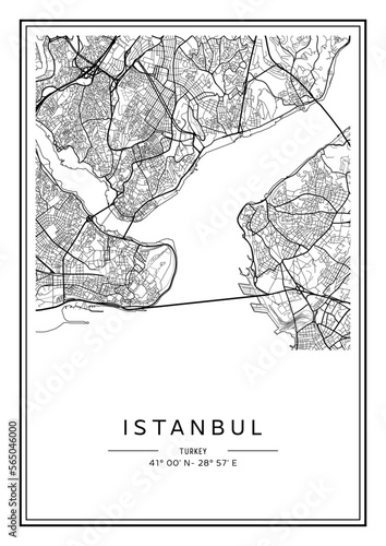 Black and white printable Istanbul city map, poster design, vector illistration.