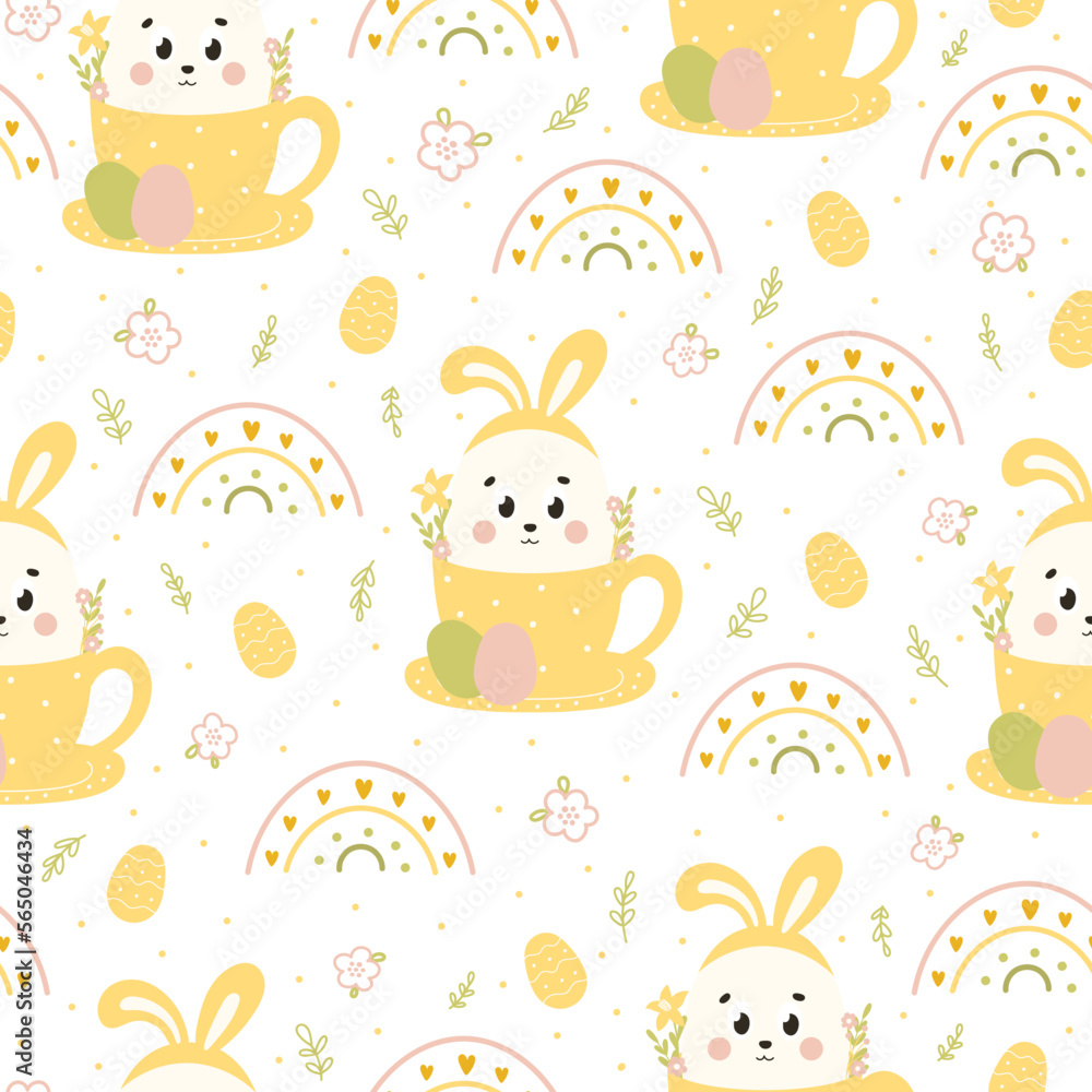 Cute Easter seamless pattern with bunny in cup with flowers, rainbows and eggs on white background. Ornament for print, textile or wrapping paper in childish style Cute Easter seamless pattern with bunny in cup with flowers, rainbows and eggs on white background. Ornament for print, textile or wrapping paper in childish style