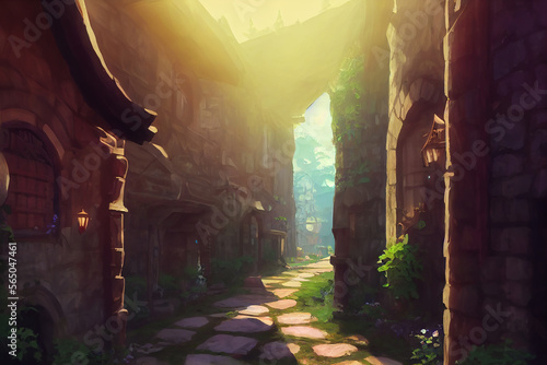 medieval alleyway wisteria cozy summer anime background animation Generative AI Content by Midjourney