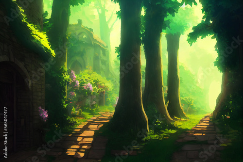 medieval alleyway wisteria cozy summer anime background animation Generative AI Content by Midjourney