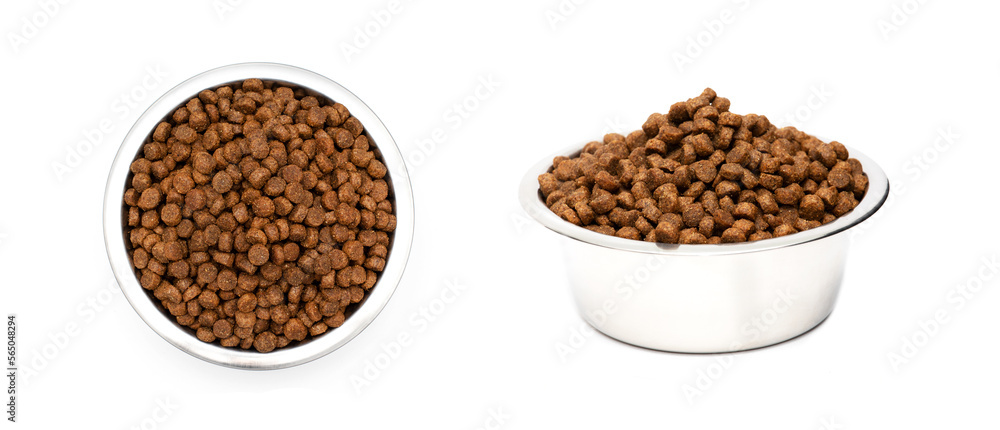 A set of photos with a cat food bowl. Cat food isolated on a white background A set of photos with a cat food bowl. Cat food isolated on a white background