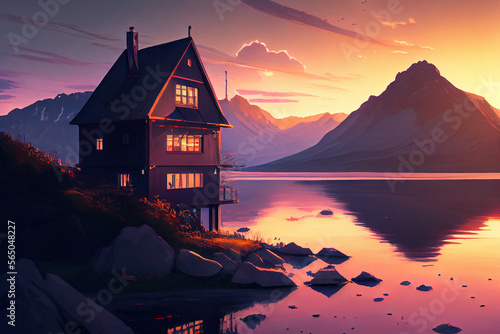 Old wooden house near lake against beautiful mountains at sunset.  Digitally generated AI image