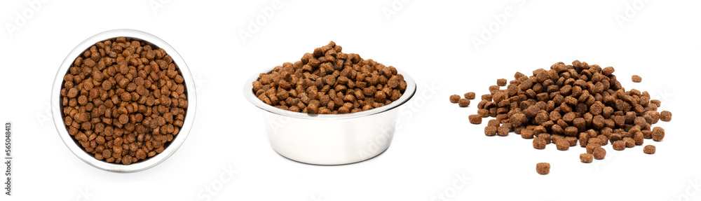 A set of photos with a cat food bowl. Cat food isolated on a white background A set of photos with a cat food bowl. Cat food isolated on a white background