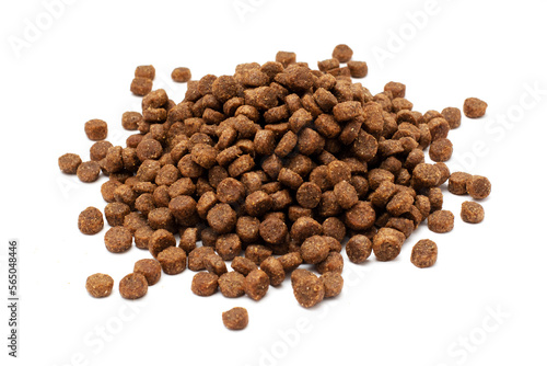 Scattered cat food isolated on a white background. A lot of feed