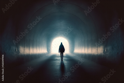 Backlit silhouette of a man walking in a dark tunnel towards the light. Generative AI illustration with copy space