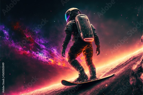 Spaceman on flying surf board. fluo universe landscape generative ai © losmostachos