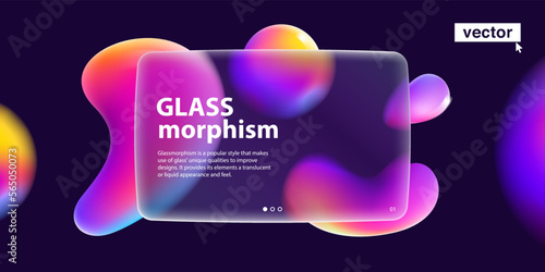 Transparent layout in glassmorphism style on dark background. Glass frame on blurred abstract liquid shapes.