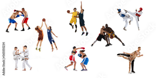 Collage. Pair sports. Dynamic studio shots of people training isolated on white background. Concept of motion  action  active lifestyle  challenges. MMA  fencing  basketball  figure skating
