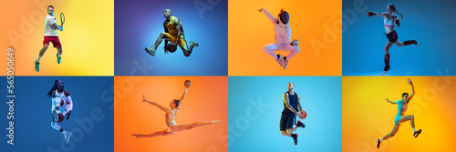 Collage. Dynamic shots of different people in a jump, training isolated over multicolored background in neon. Concept of sport, challenges, achievements. Basketball, tennis, mma, boxing, fencing