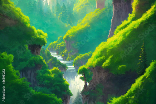 big tree calm river forest mountain wall Generative AI Content by Midjourney