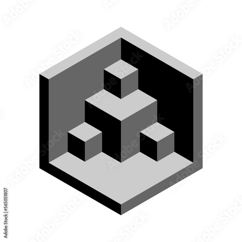 Modern abstract isometric figure. Black and gray hexagon with cube. Vector illustration isolated on white background.
