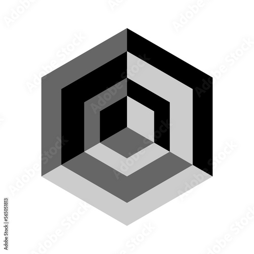 Modern abstract isometric figure. Black and gray hexagon with cube. Vector illustration isolated on white background.