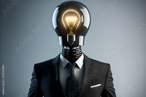 A Man with Bulb Glowing Head Look Like Have an Idea, Critical Thinking, Bright, Clever and Quick-witted in Business Suit photo
