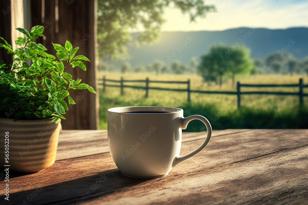 A white cup of hot coffee in placed on wooden table with freshness farming view in the morning environment as background. Generative Ai image. A white cup of hot coffee in placed on wooden table with freshness farming view in the morning environment as background. Generative Ai image.