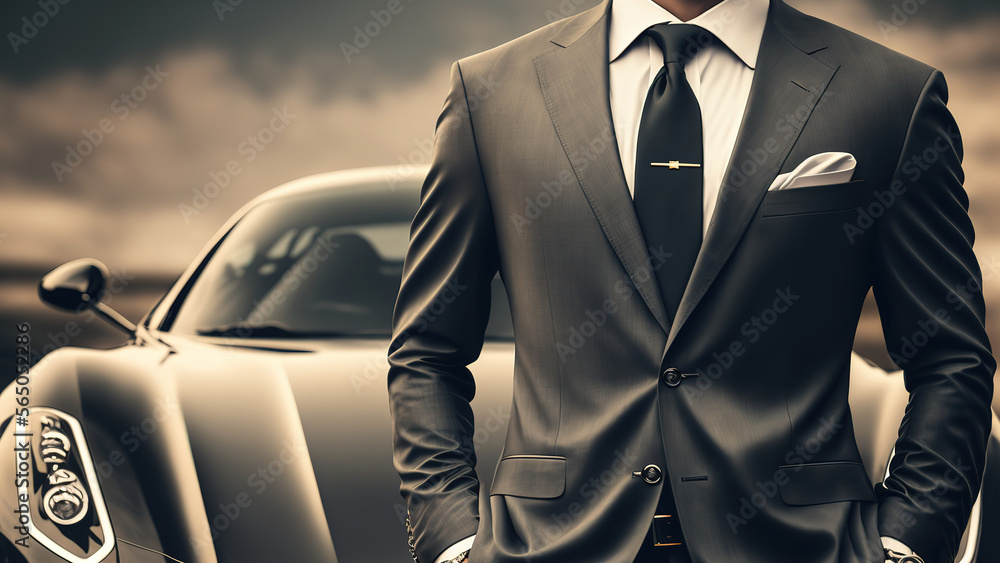 A rich guy in formal business suit which is standing in front of a supercar, successful businessman concept. Generative Ai image. - obrazy, fototapety, plakaty 