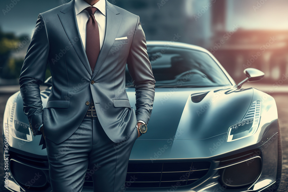 A rich guy in formal business suit which is standing in front of a  supercar, successful businessman concept. Generative Ai image. Stock  Illustration