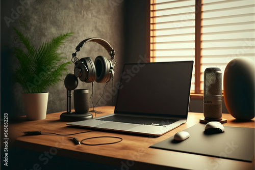 The workplace for content creator with microphone, laptop and headphones. home studio podcasting, online streaming, vlogging. Generative AI photo