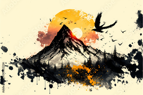 abstract ink view mountain and sunrise