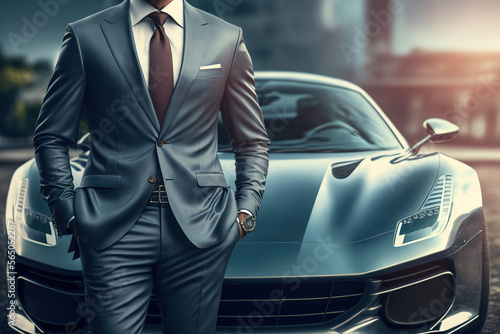 A rich guy in formal business suit which is standing in front of a supercar, successful businessman concept. Generative Ai image. © Nattawit