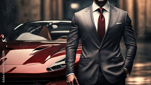 A rich guy in formal business suit which is standing in front of a supercar, successful businessman concept. Generative Ai image. photo