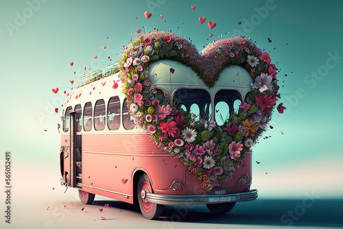 The old tram is decorated with colorful flowers in the shape of a heart. Valentine concept. Gen art
