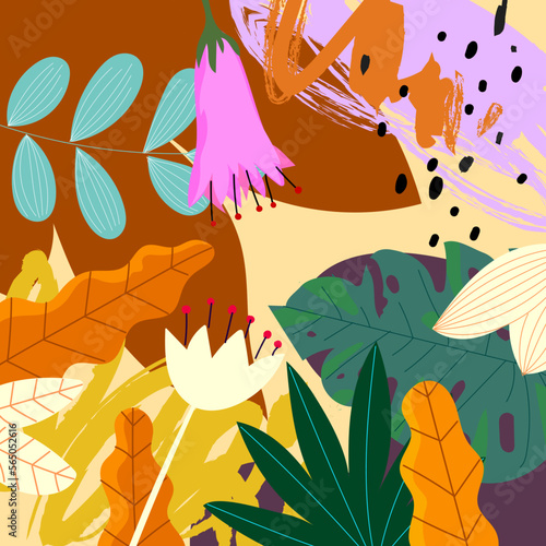 Colorful modern tropical art abstract and artistic flowers, leaves vector illustration. Design for fashionable, textile, fabric, poster, cover and background.