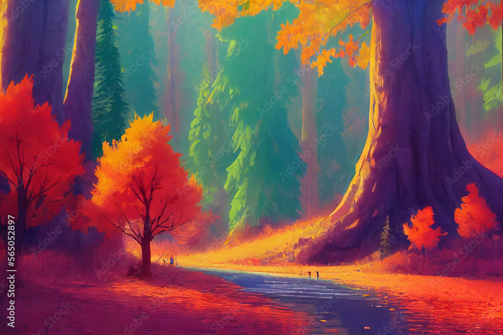 a autumn forest mountain illustrator background Generative AI Content by Midjourney