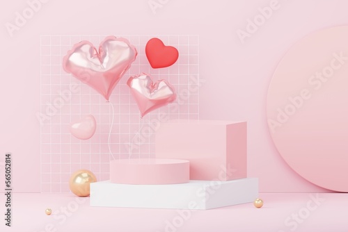 Happy Valentines Day. Minimal sweet love scene with display podium for mock up and product brand presentation. Pink Pedestal stand. Cute lovely heart background. Love day's design style. 3D render.