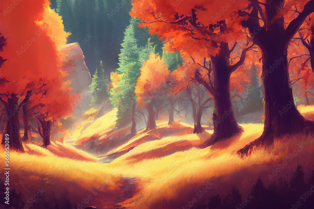 a autumn forest mountain illustrator background Generative AI Content by Midjourney