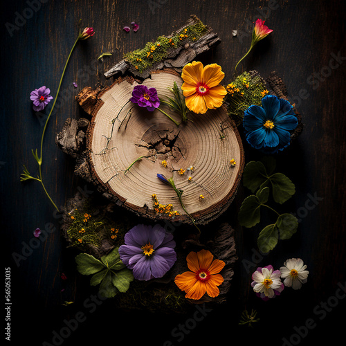 Spring flowers arrangement on rustic wood, vintage, wood texture, colorful, KI