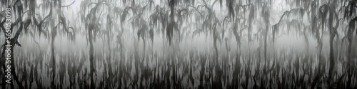 dark and gloomy black and white panoramic image of a swamp