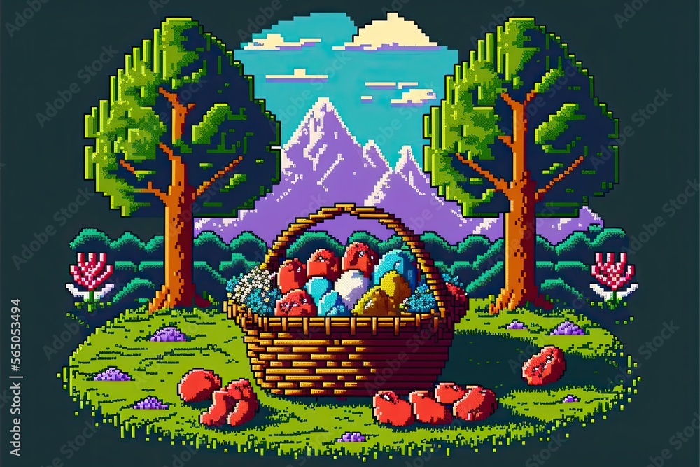 Pixel art basket with easter eggs in landscape with trees, background in retro style for 8 bit game, Generative AI